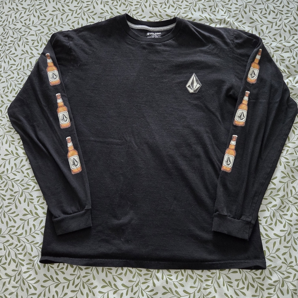 Volcom Black Long Sleeve "Beer Bottle" Tee with Graphic Sleeves